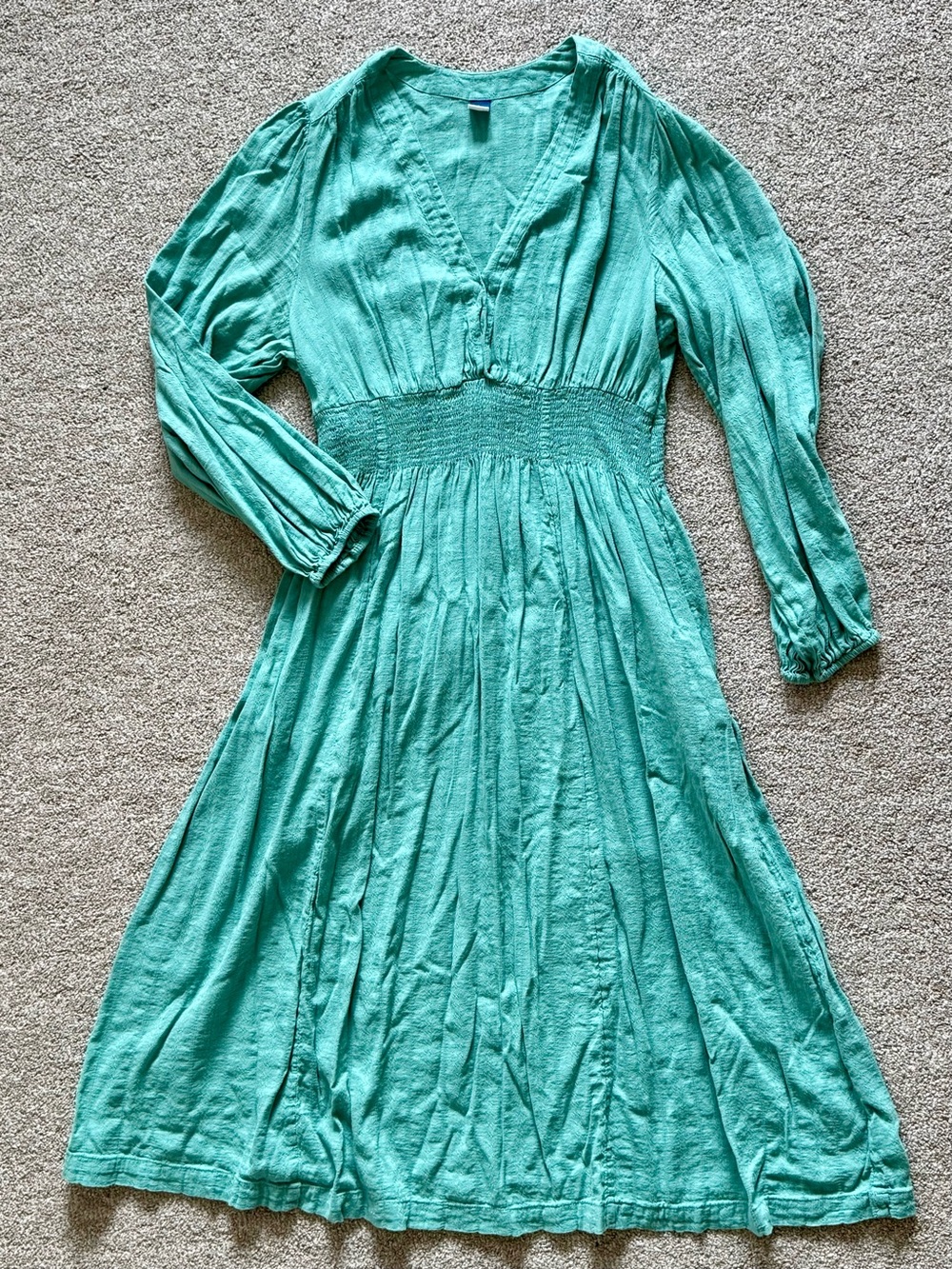 Old Navy Teal V-Neck Long Sleeve Smocked-Waist Dress